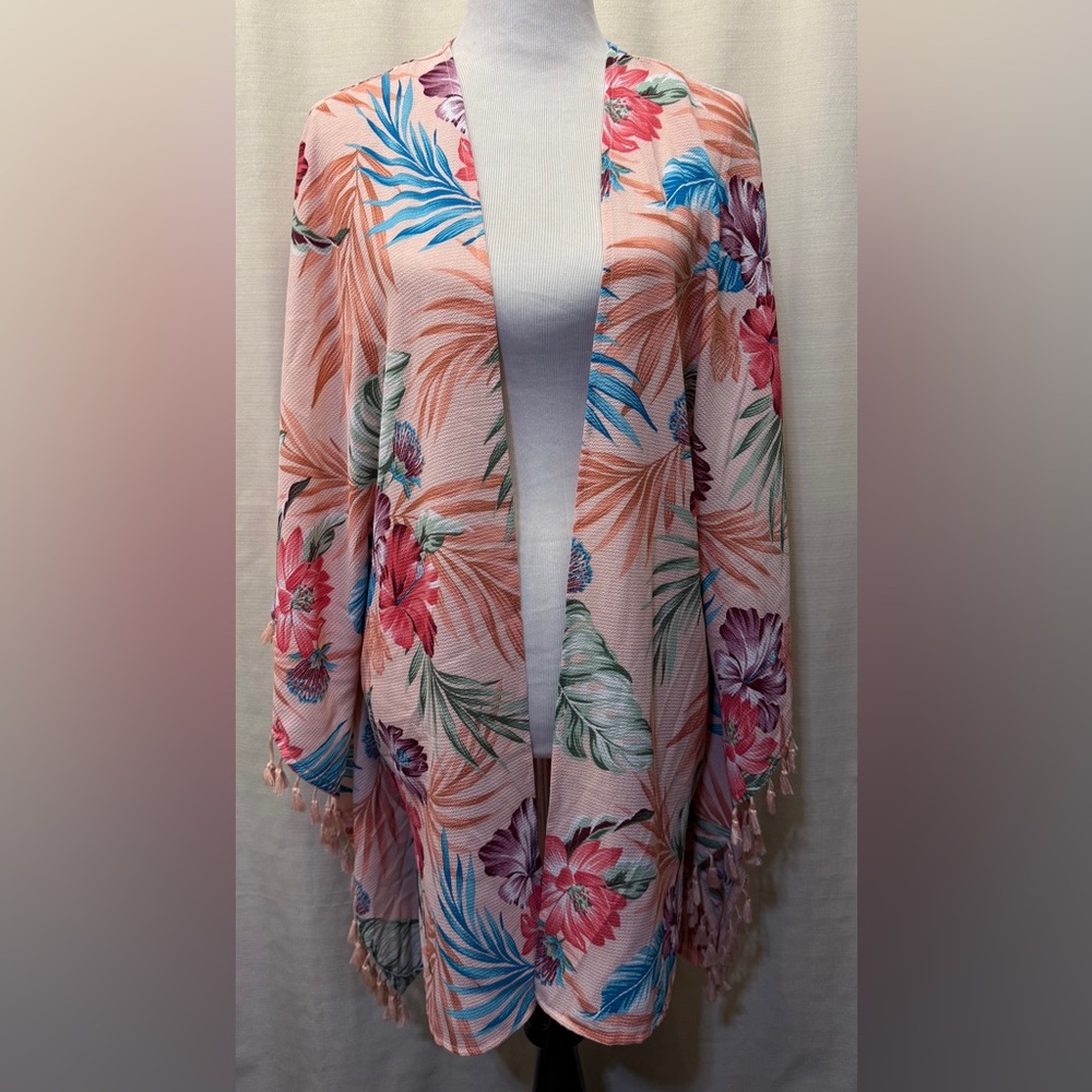 Freshwater Pink Floral Multicolor Tropical Kimono Tassel Beach Cover Up Sz 1X